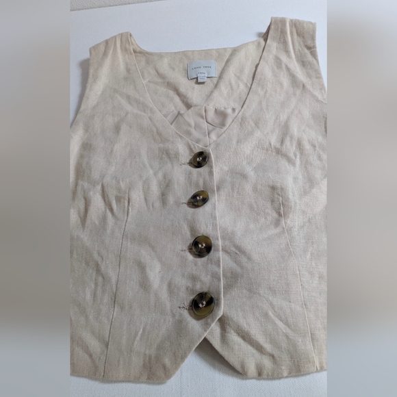 Love Tree Tan Button-Up Tailored Linen Vest - Preppy/Coastal Clean Girl Sz L EUC - Picture 2 of 9
